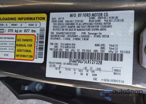 2020 Ford Fusion S z USA, uszkodzony, nr VIN 3FA6P0G75LR127328